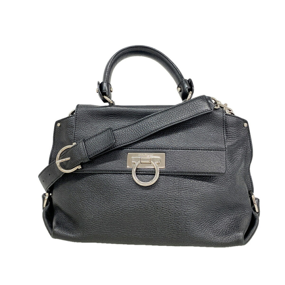 Salvatore Ferragamo Gancini Leather Handbag, Black, 2-way Bag for Women